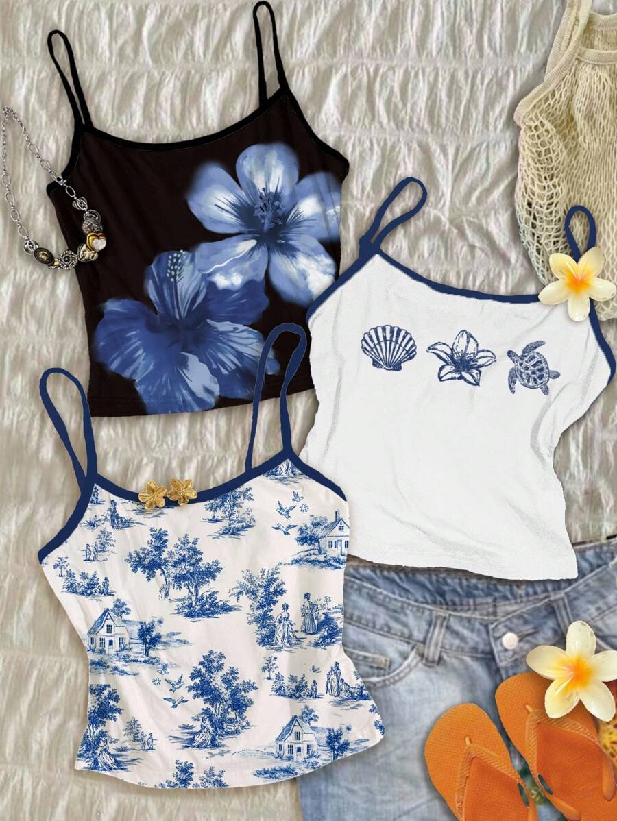 Attitoon مجموعة من 3 قطع من لباس علوي Vintage Inspired Vest للنساء مع كشكش ملاك أزرق فرنسي، ألوان مائية زهرية زرقاء، وطباعة خروف أزرق، مناسبة للصيف، كاجوال، مثيرة، لطيفة، Y2K، كوكونوت