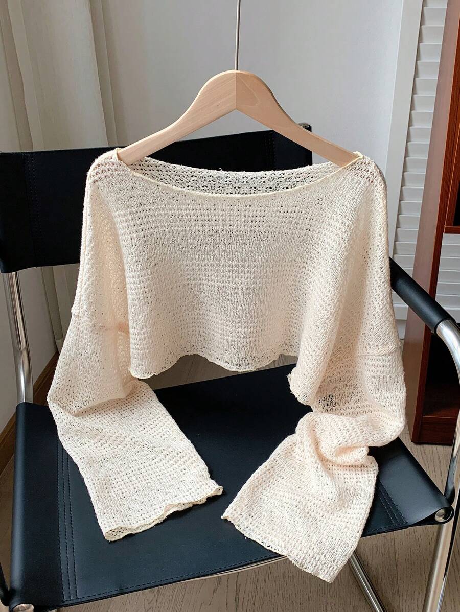 Comfortcana ملابس علوية صيفية مريحة قصيرة مخرمة على شكل مربعات بأكمام واسعة للنساء باللون المشمشي