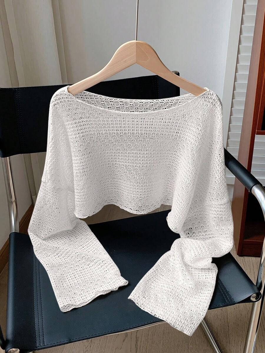 Comfortcana ملابس علوية صيفية مريحة قصيرة مخرمة على شكل مربعات بأكمام واسعة للنساء باللون المشمشي