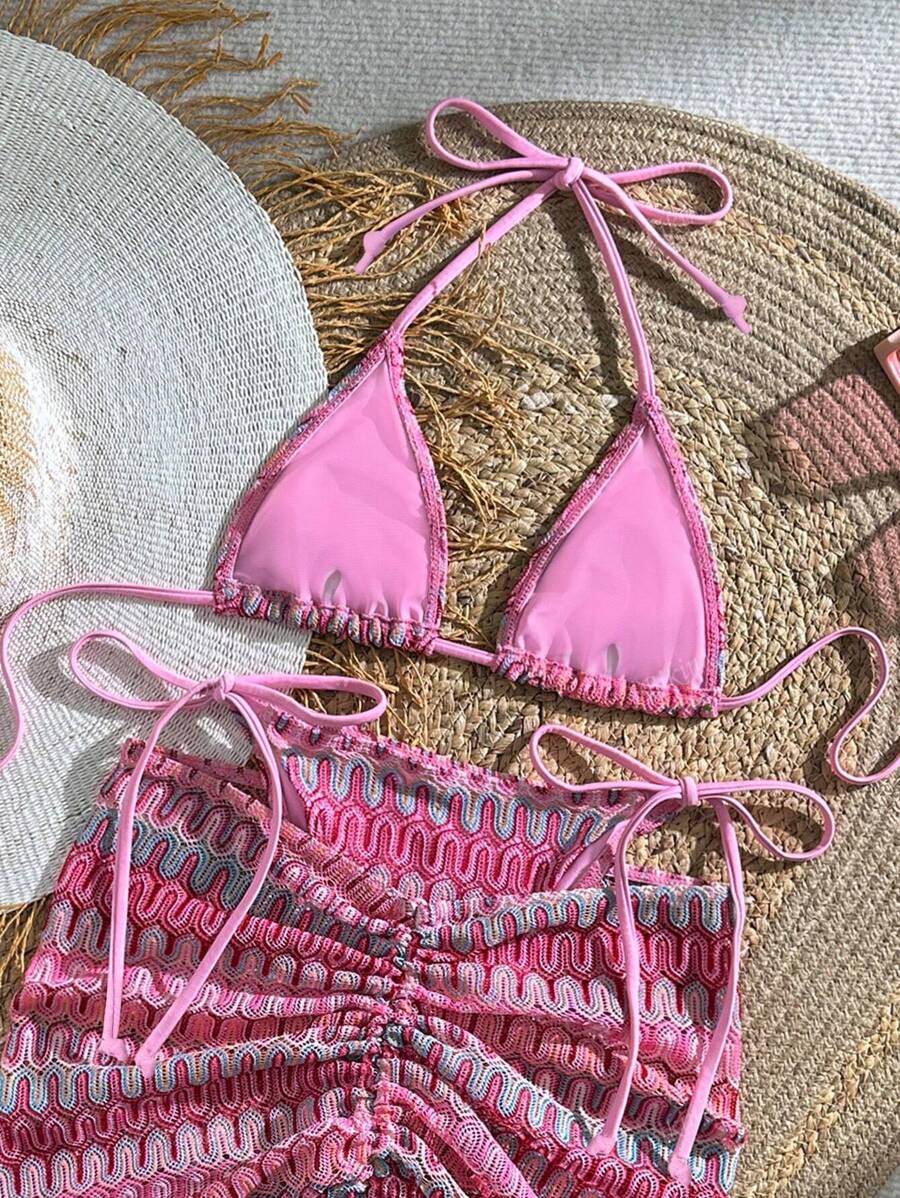 Bikinx بدلة سباحة نسائية ذات طراز موجي بتصميم هالتر مثير مع تنورة غطاء للشاطئ والعطلات الصيفية