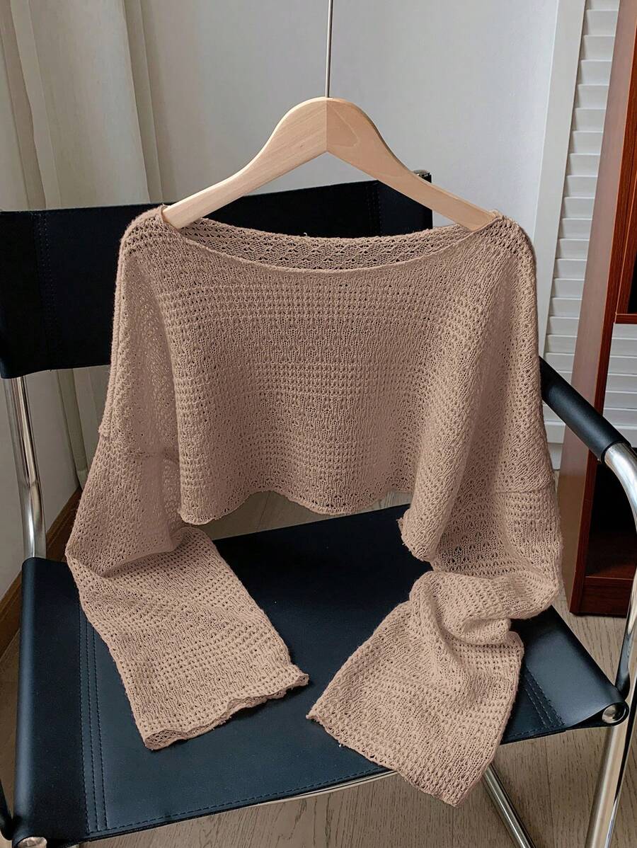 Comfortcana ملابس علوية صيفية مريحة قصيرة مخرمة على شكل مربعات بأكمام واسعة للنساء باللون المشمشي