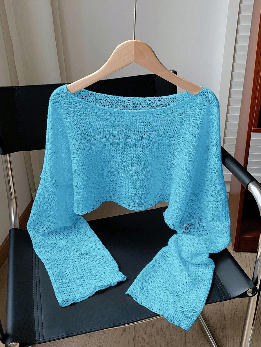 Comfortcana ملابس علوية صيفية مريحة قصيرة مخرمة على شكل مربعات بأكمام واسعة للنساء باللون المشمشي