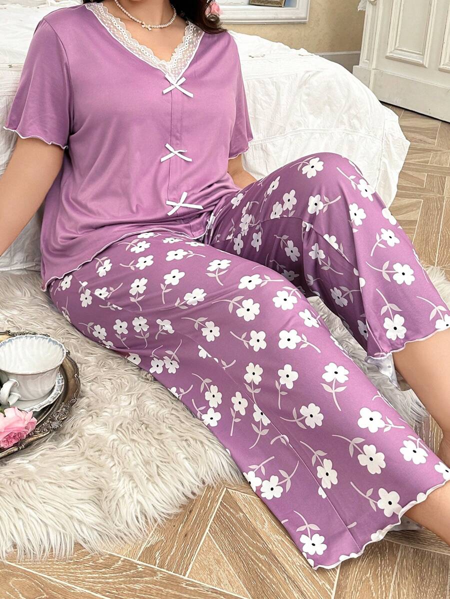 CottageSlumber مجموعة ملابس علوية وبنطلون كاجوال مريحة من الحرير الحليبي ناعم وصديق للبشرة، بطبعات زهرية وتصميم رقيق من الدانتيل، مقاسات كبيرة، إطلالة زهرية فاخرة