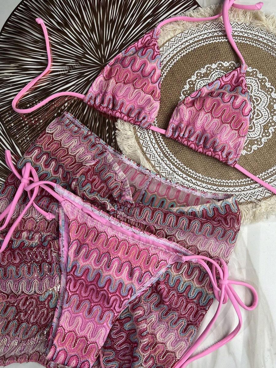 Bikinx بدلة سباحة نسائية ذات طراز موجي بتصميم هالتر مثير مع تنورة غطاء للشاطئ والعطلات الصيفية