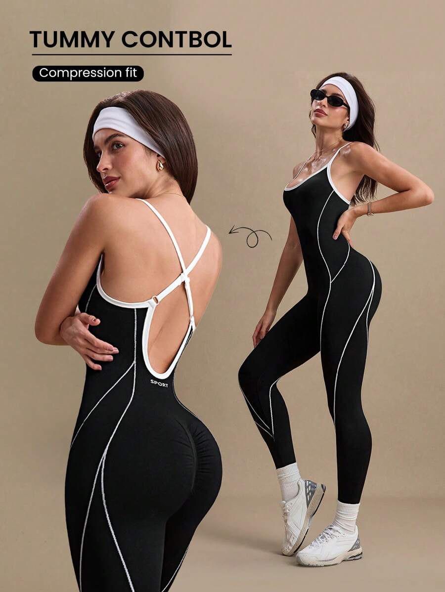 Easify SHEIN Sport جمبسوت موحدة أسود وأبيض بلا ظهر خالية من الغرز للأنشطة