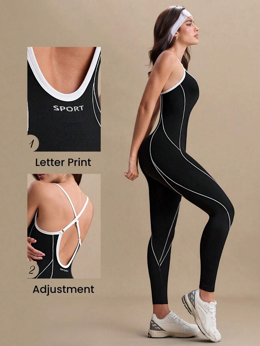 Easify SHEIN Sport جمبسوت موحدة أسود وأبيض بلا ظهر خالية من الغرز للأنشطة