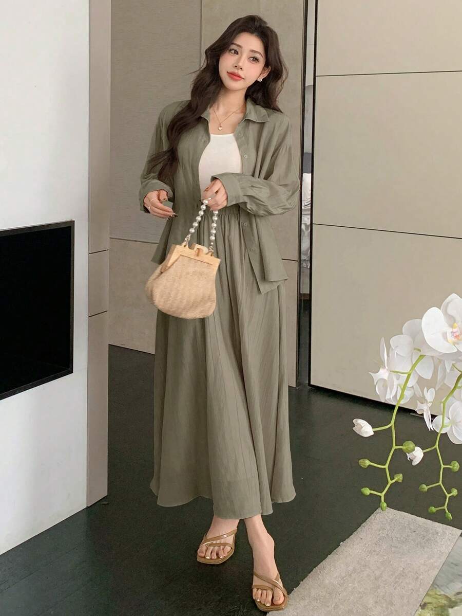 DAZY مجموعة قميص وتنورة بلون أحادي للنساء، ملابس الخريف
