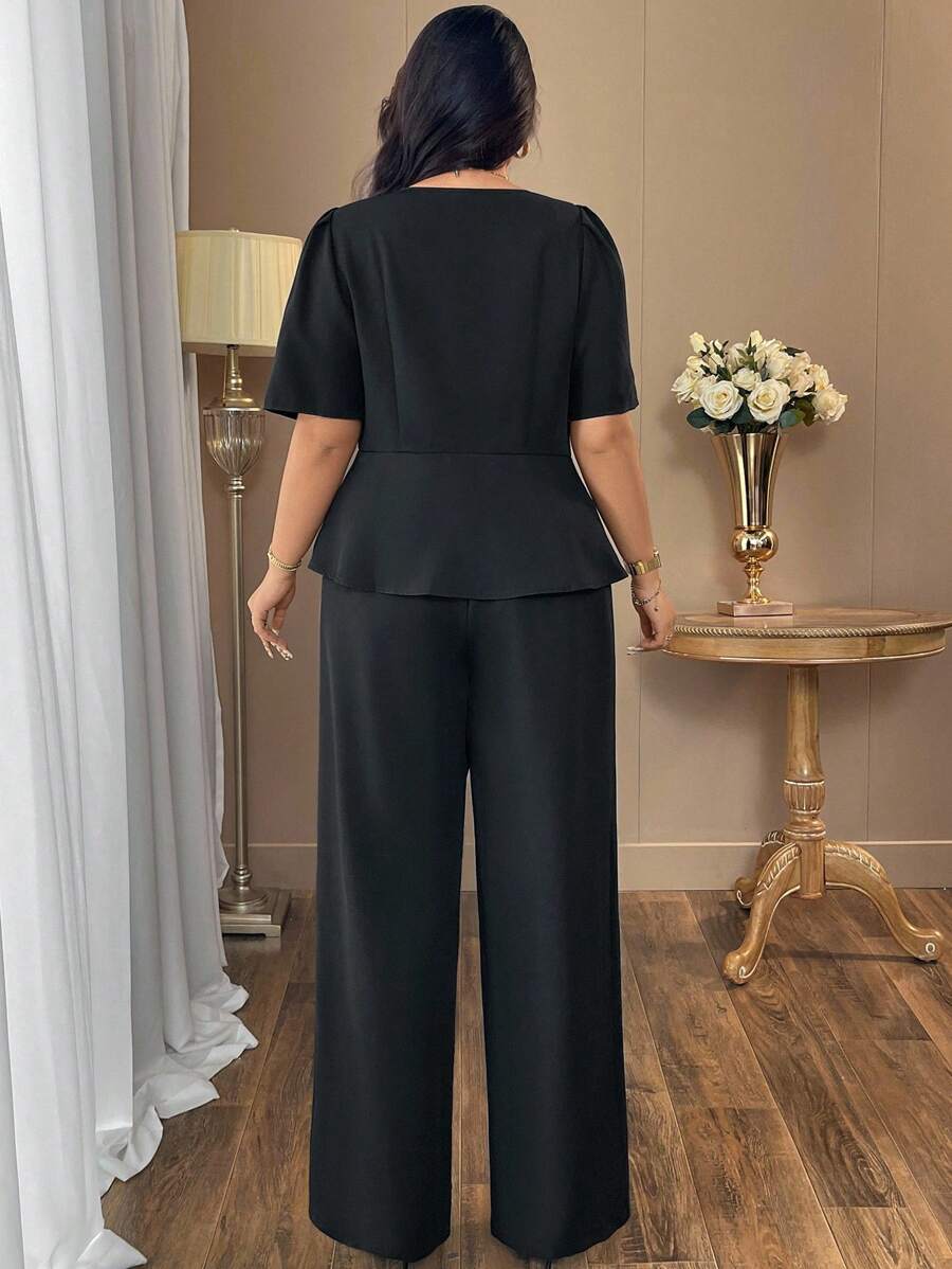 Auvina طقم ملابس نسائي كاجوال بمقاسات كبيرة - ملابس علوية سوداء برقبة مربعة مع تصميم الخصر وبنطال ذو ساق واسعة، بدلة أنيقة للذهاب للعمل في الربيع/الصيف