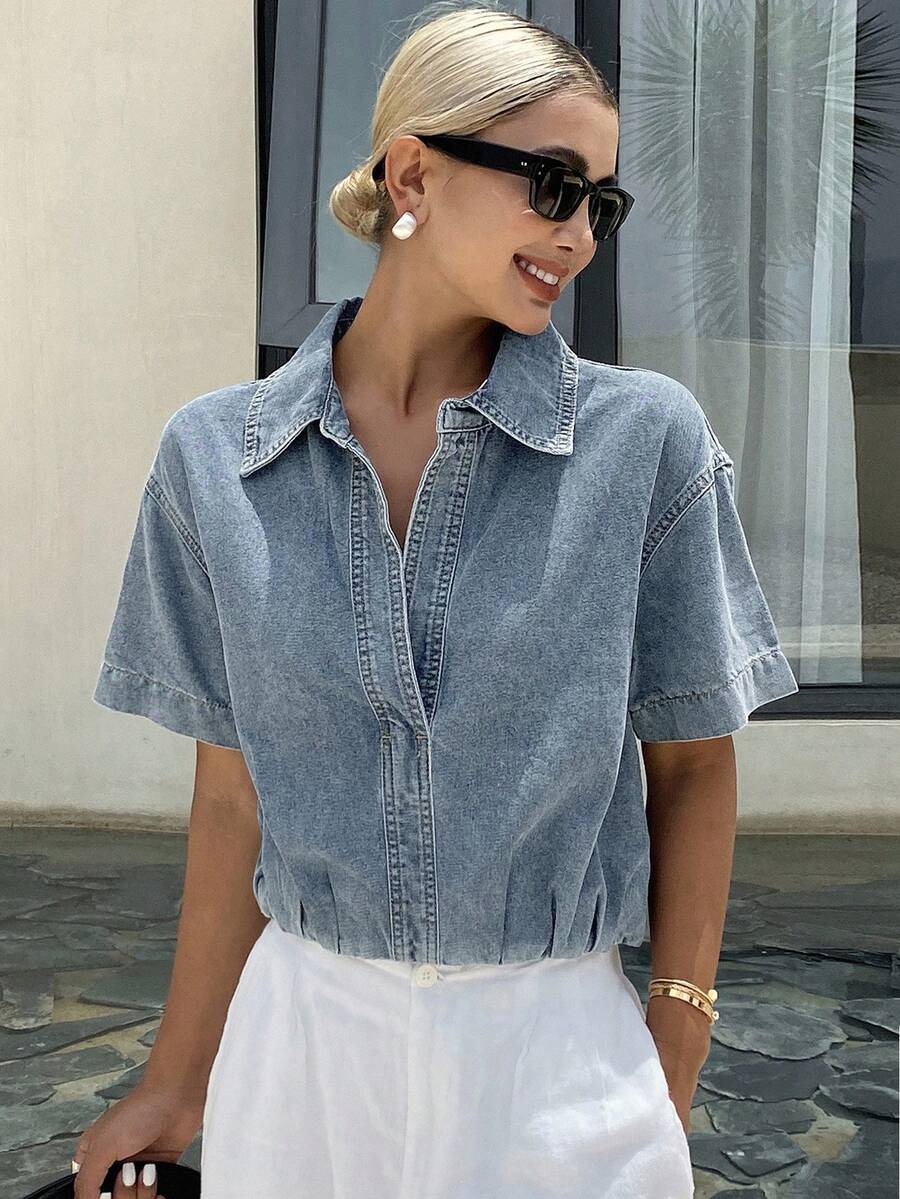 DAZY جاكيت قطن قصيرة الأكمام ذات لون أحادي مزودة بسحاب جزئي للنساء، جاكيت قصيرة كاجوال للصيف