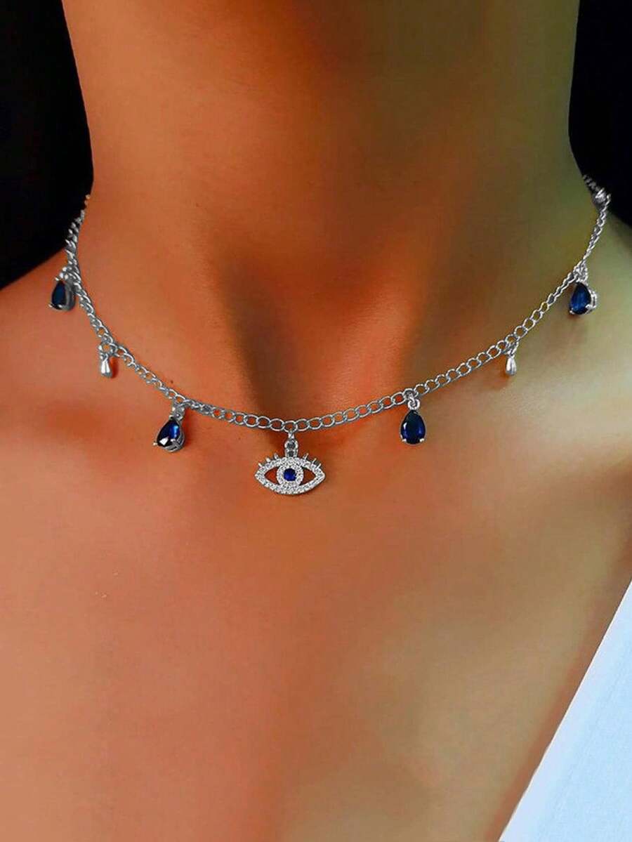 1pc Women's Blue Crystal Waterdrop Pendant Necklace, Everyday Wear