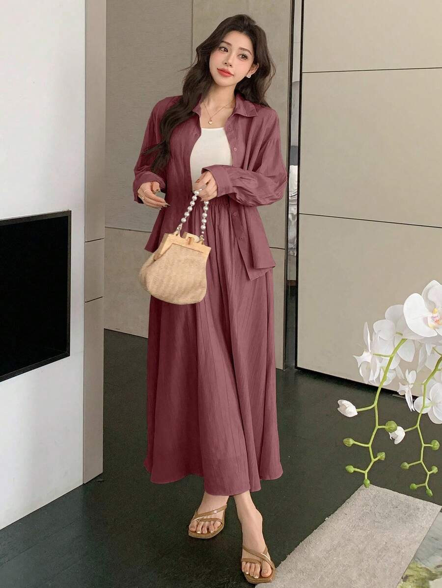 DAZY مجموعة قميص وتنورة بلون أحادي للنساء، ملابس الخريف