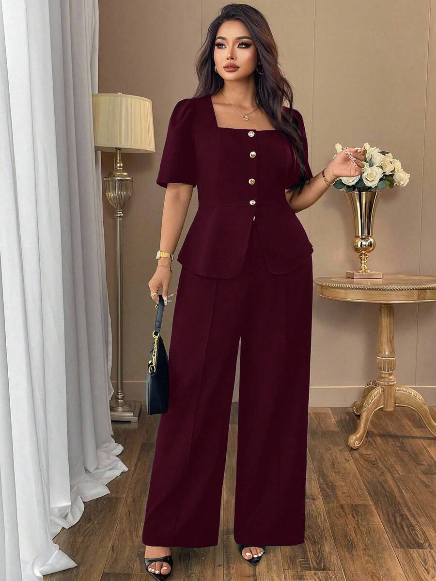 Auvina طقم ملابس نسائي كاجوال بمقاسات كبيرة - ملابس علوية سوداء برقبة مربعة مع تصميم الخصر وبنطال ذو ساق واسعة، بدلة أنيقة للذهاب للعمل في الربيع/الصيف